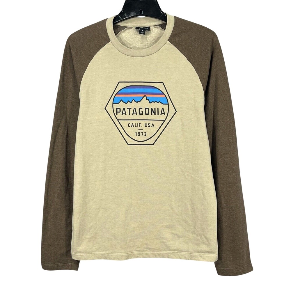 PATAGONIA Brown/Tan ORGANIC COTTON FLEECE Logo Graphic RAGLAN SLV Sweatshirt S